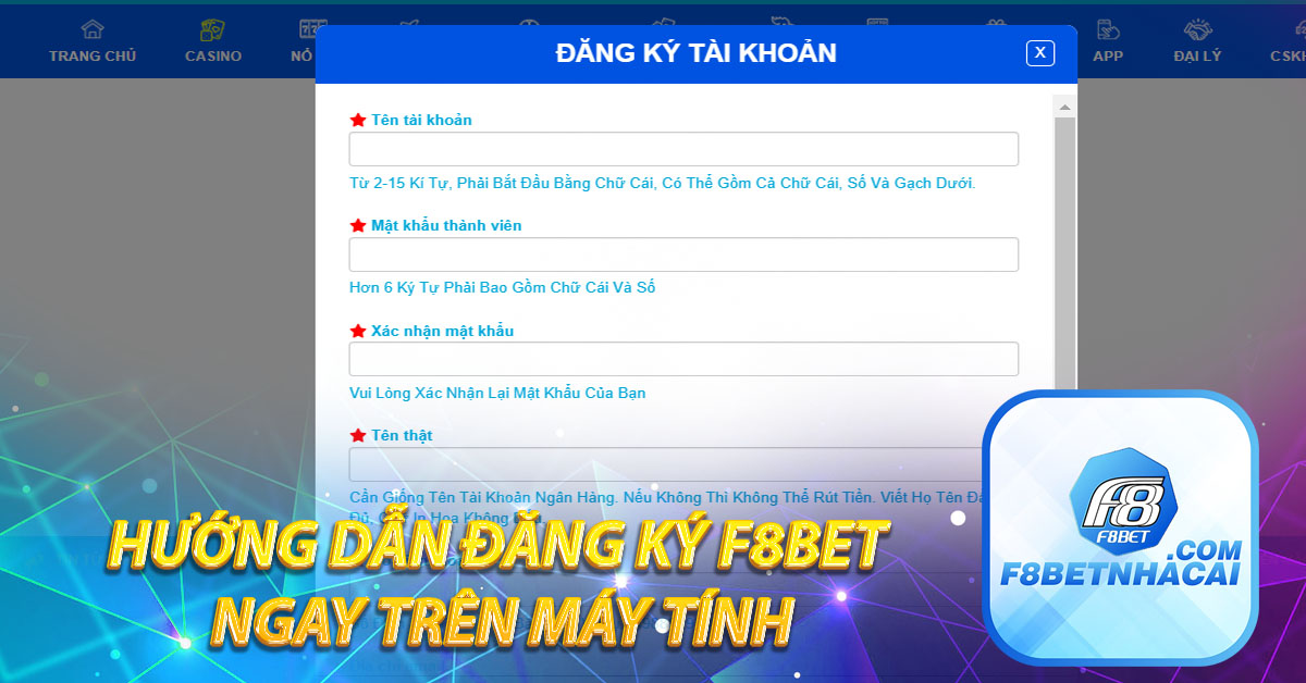 Hướng dẫn đăng ký F8BET ngay trên máy tính